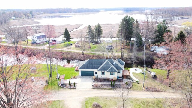 drone / aerial view with a water view