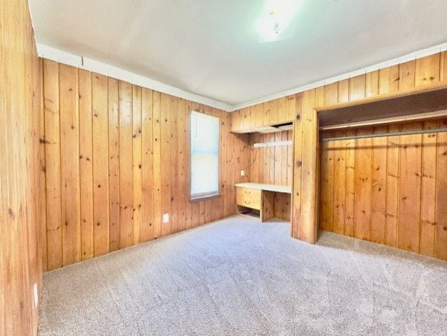 unfurnished bedroom featuring wood walls and carpet flooring