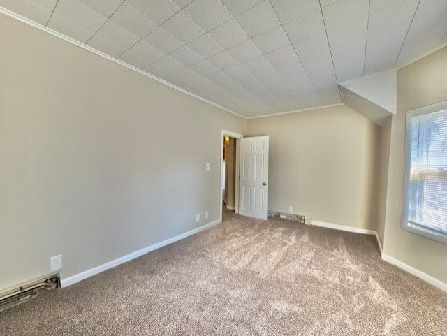 unfurnished room with baseboards, crown molding, and carpet