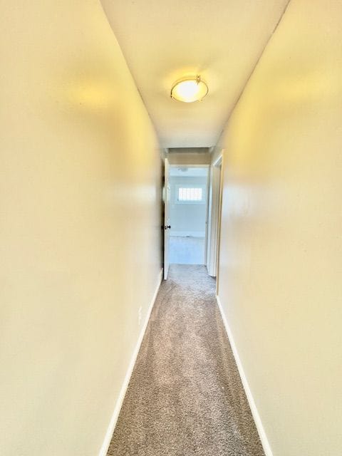 hallway featuring baseboards and light carpet