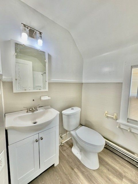 bathroom with toilet, tile walls, lofted ceiling, wood finished floors, and vanity