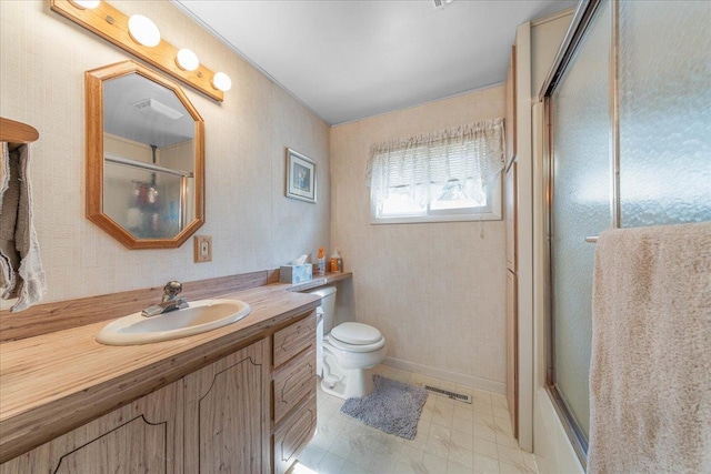full bathroom with visible vents, a shower with door, toilet, tile patterned floors, and vanity