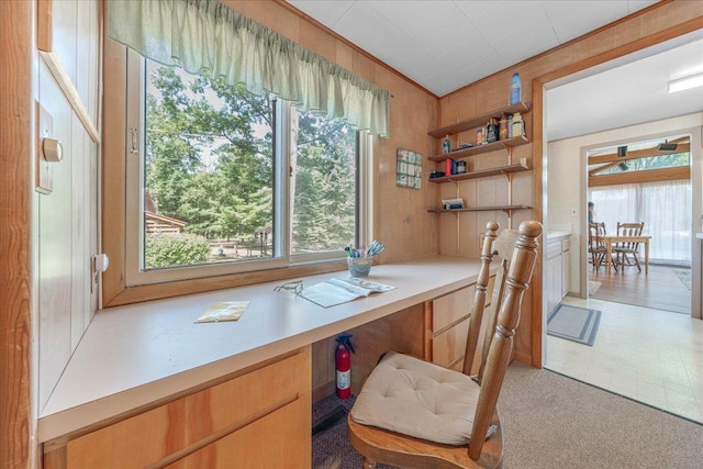 office space with wooden walls and built in study area