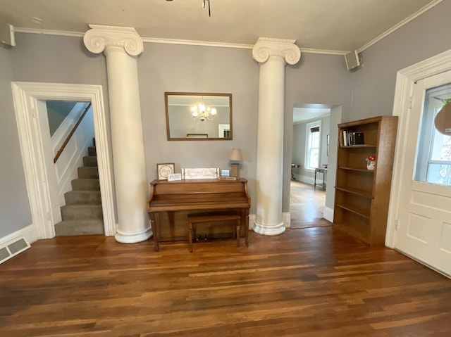323 N Marshall Ave, Marshall, MI 49068 - hallway featuring ornamental molding, wood finished floors, visible vents, and plenty of natural light