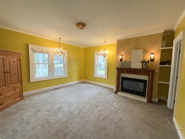323 N Marshall Ave, Marshall, MI 49068 - unfurnished living room with a chandelier, a glass covered fireplace, carpet floors, and crown molding