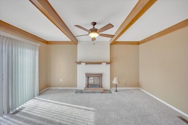 2946 Athena Dr, Troy, MI 48083 - unfurnished living room featuring baseboards, carpet, ceiling fan, and beamed ceiling