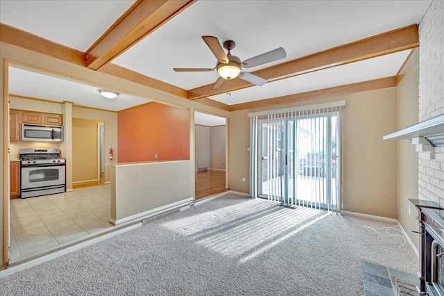 2946 Athena Dr, Troy, MI 48083 - unfurnished living room with a brick fireplace, ceiling fan, light carpet, and beam ceiling