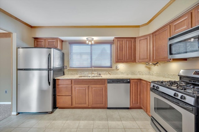 2946 Athena Dr, Troy, MI 48083 - kitchen featuring light tile patterned flooring, appliances with stainless steel finishes, a sink, brown cabinetry, and ornamental molding