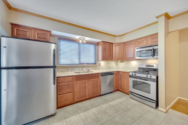 2946 Athena Dr, Troy, MI 48083 - kitchen featuring a sink, crown molding, stainless steel appliances, and light tile patterned flooring