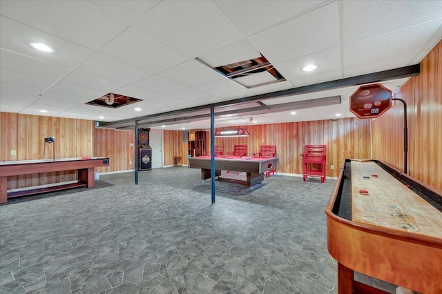 2946 Athena Dr, Troy, MI 48083 - recreation room with wooden walls, stone finish floor, pool table, baseboards, and a drop ceiling