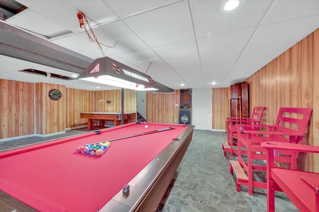 2946 Athena Dr, Troy, MI 48083 - game room featuring wooden walls, billiards, a drop ceiling, and washer / clothes dryer