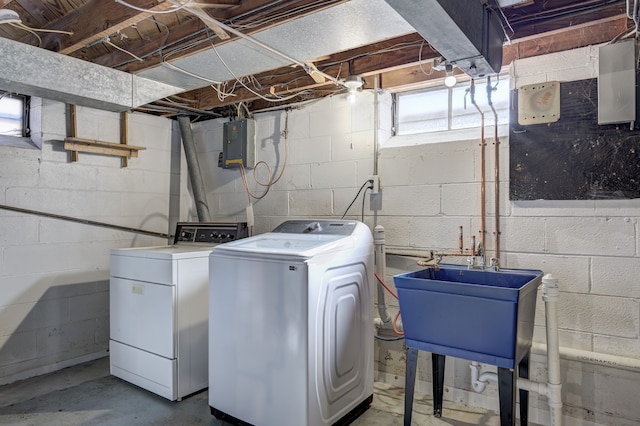 laundry room featuring washing machine and clothes dryer, laundry area, and electric panel