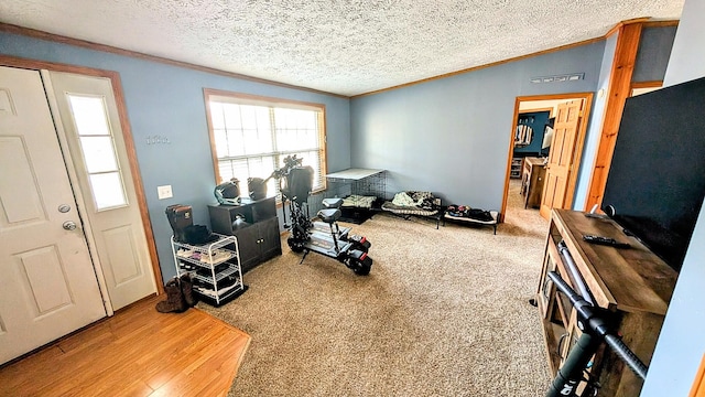 interior space featuring ornamental molding, wood finished floors, and a textured ceiling