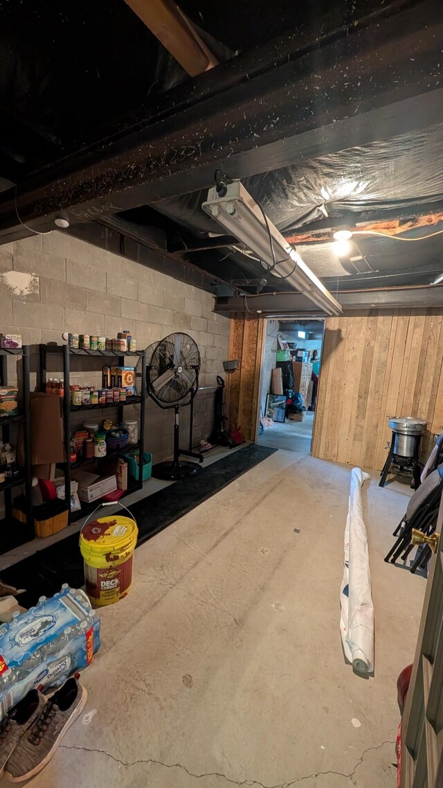unfinished below grade area with wood walls and concrete block wall