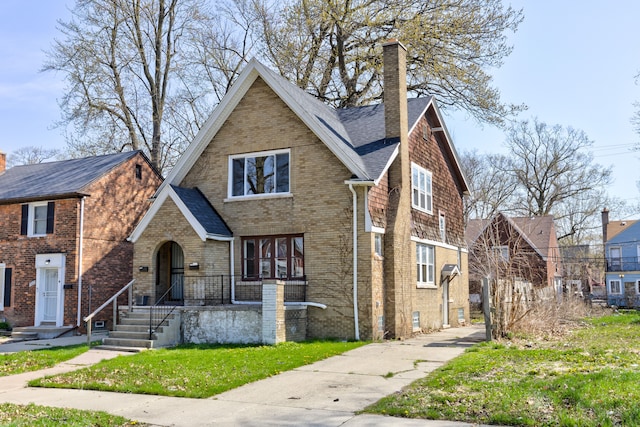 tudor home with a front lawn, brick siding, a chimney, covered porch, and driveway