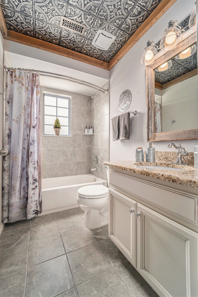 bathroom featuring vanity, an ornate ceiling, toilet, and shower / bathtub combination with curtain