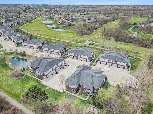 bird's eye view with a water view, a residential view, and golf course view