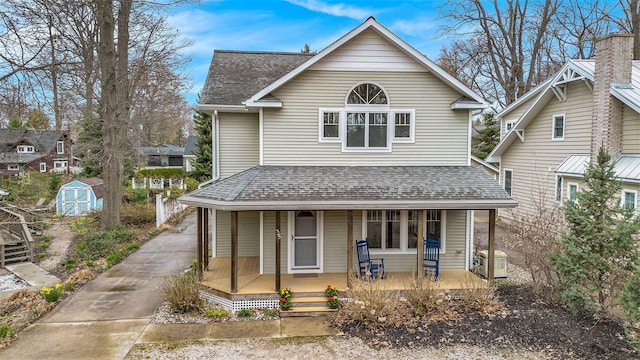 view of front of house featuring an outdoor structure, a storage unit, a porch, and a shingled roof