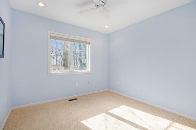 unfurnished room featuring a ceiling fan, baseboards, carpet, and recessed lighting