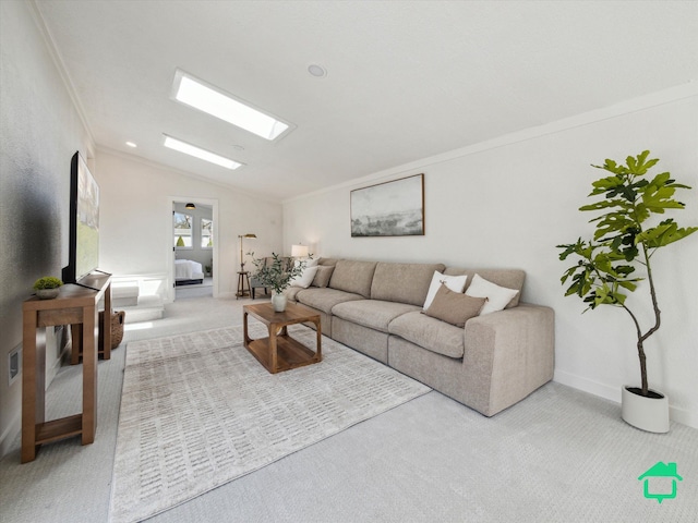 carpeted living area featuring baseboards, visible vents, ornamental molding, and lofted ceiling
