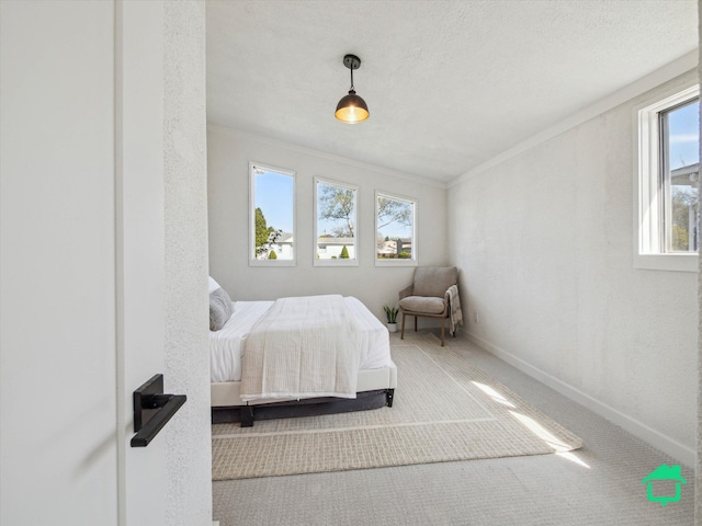carpeted bedroom featuring baseboards and ornamental molding
