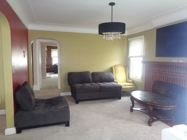 1353 N Gulley Rd, Dearborn Heights, MI 48127 - living room featuring baseboards, arched walkways, crown molding, and carpet