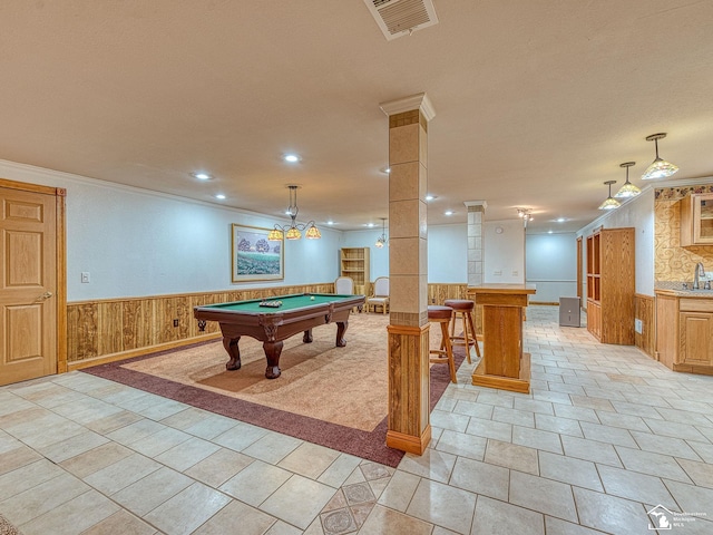 3158 Lennox Ct, Lambertville, MI 48144 - recreation room featuring a wainscoted wall, bar, ornate columns, ornamental molding, and billiards