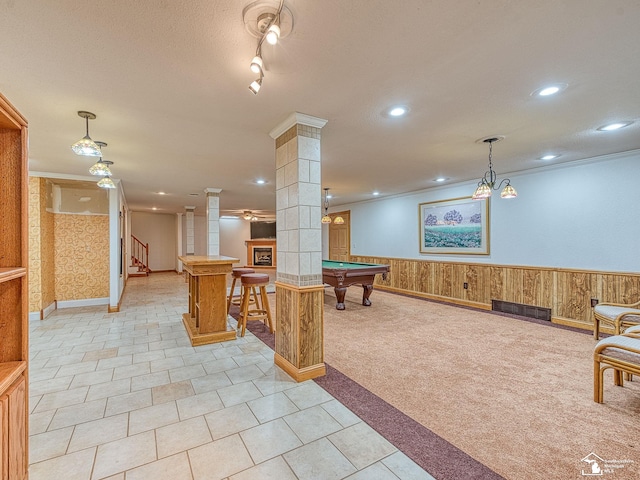 3158 Lennox Ct, Lambertville, MI 48144 - recreation room with ornate columns, pool table, wainscoting, recessed lighting, and wooden walls