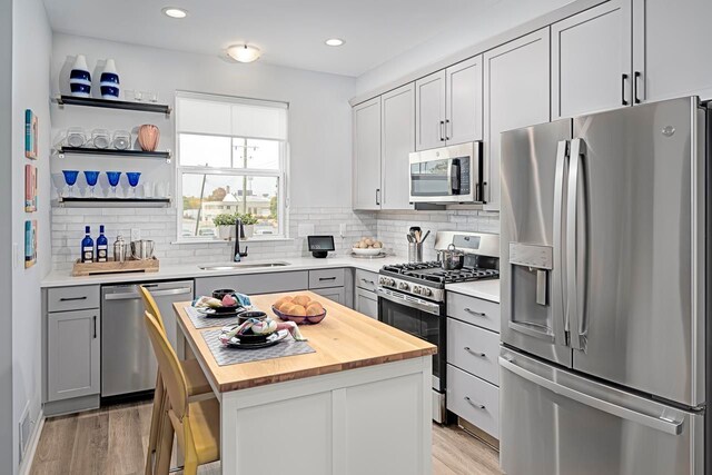1737 Merrick St # 12, Detroit, MI 48208 - kitchen featuring appliances with stainless steel finishes, a sink, butcher block counters, gray cabinets, and recessed lighting