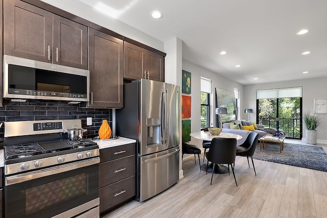 1737 Merrick St # 12, Detroit, MI 48208 - kitchen with stainless steel appliances, dark brown cabinets, light wood finished floors, backsplash, and recessed lighting