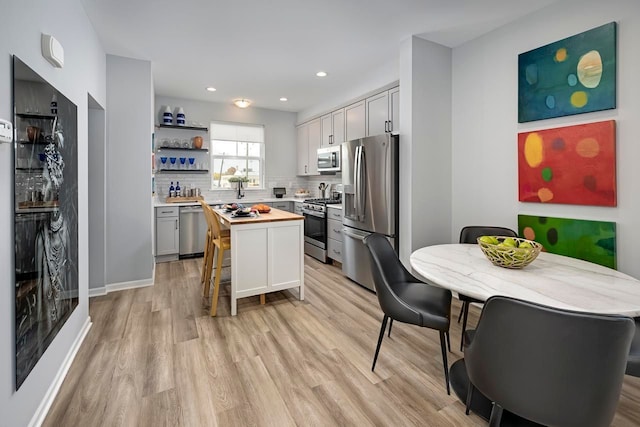 1737 Merrick St # 12, Detroit, MI 48208 - kitchen featuring appliances with stainless steel finishes, light wood-type flooring, backsplash, butcher block countertops, and a center island