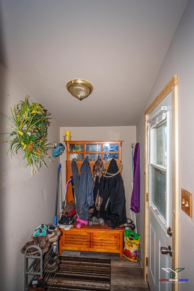 mudroom featuring vaulted ceiling and wood finished floors