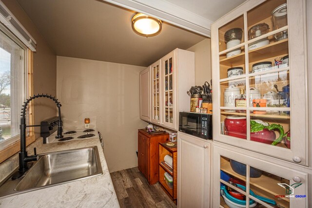 kitchen featuring dark wood-style flooring, black microwave, glass insert cabinets, light countertops, and a sink