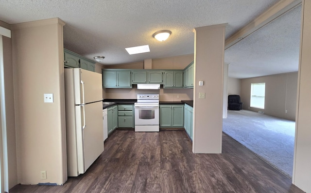 2401 Schippers Ln, Kalamazoo, MI 49048 - kitchen with dark countertops, white appliances, a textured ceiling, and green cabinetry