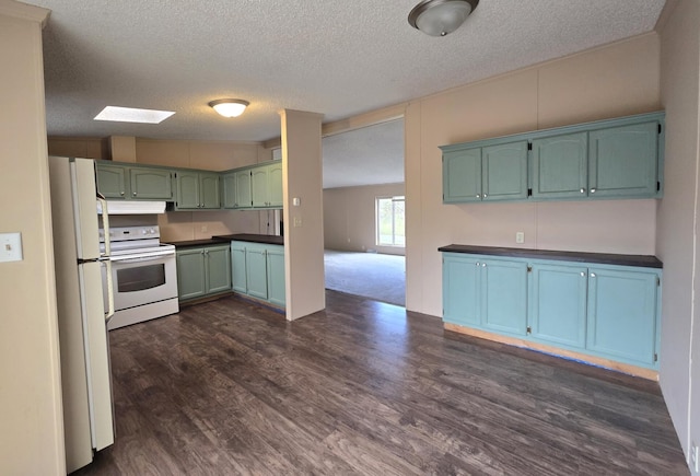 2401 Schippers Ln, Kalamazoo, MI 49048 - kitchen featuring dark countertops, under cabinet range hood, white appliances, green cabinets, and dark wood-style flooring