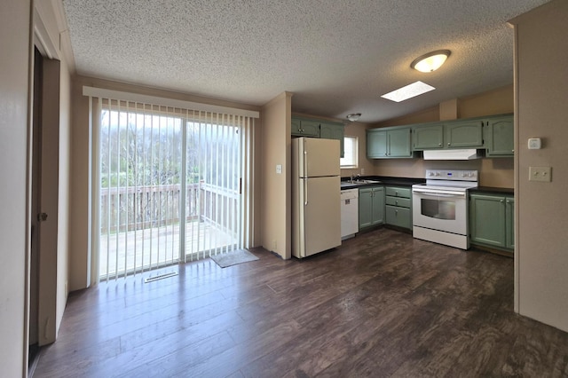 2401 Schippers Ln, Kalamazoo, MI 49048 - kitchen featuring a textured ceiling, green cabinetry, under cabinet range hood, and white appliances