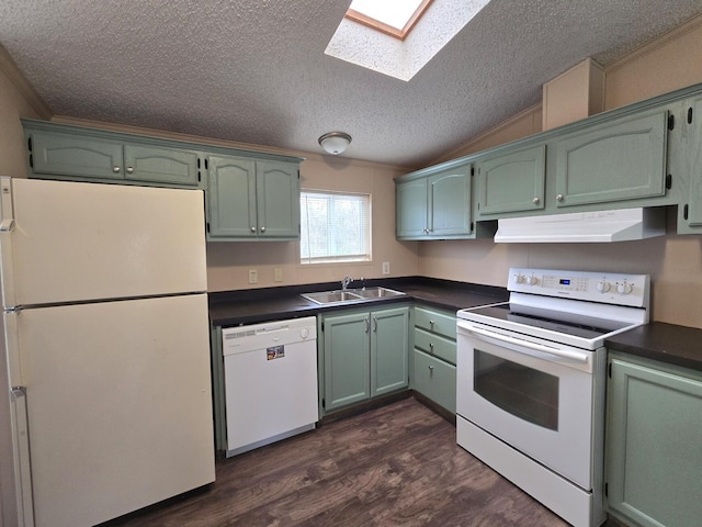 2401 Schippers Ln, Kalamazoo, MI 49048 - kitchen featuring dark countertops, extractor fan, a sink, white appliances, and dark wood-style flooring