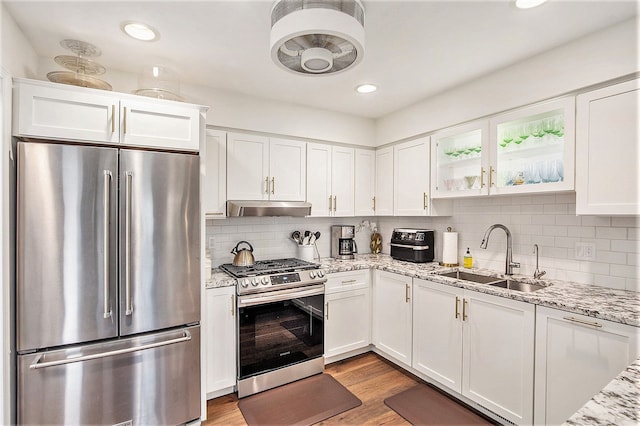 kitchen with white cabinets, stainless steel appliances, under cabinet range hood, and a sink