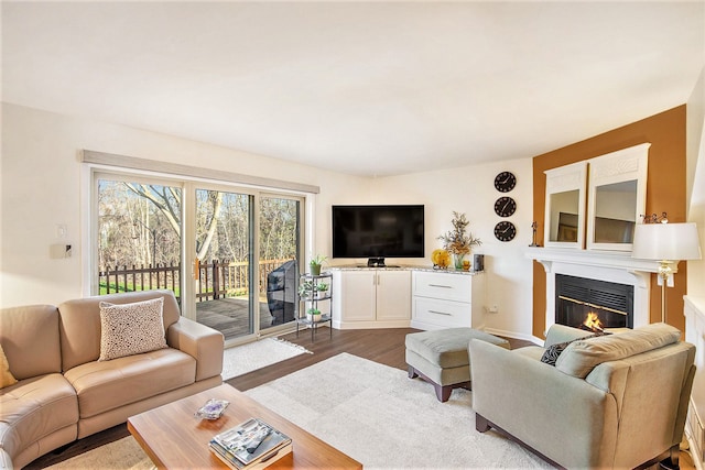 living area featuring a glass covered fireplace and dark wood-style floors