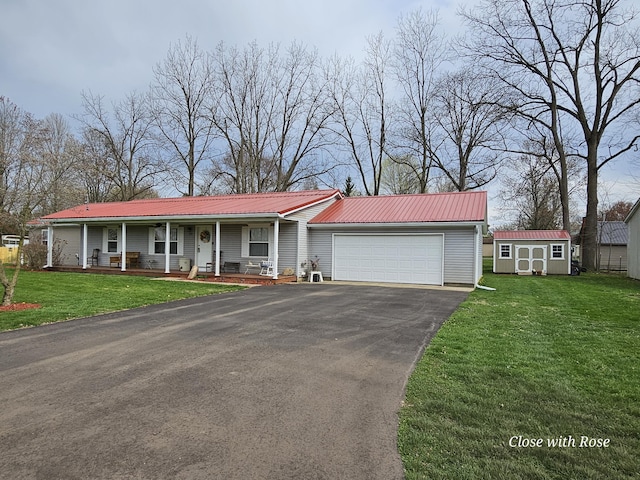110 Dayton St, Homer, MI 49245 - ranch-style house with a shed, aphalt driveway, covered porch, an attached garage, and metal roof