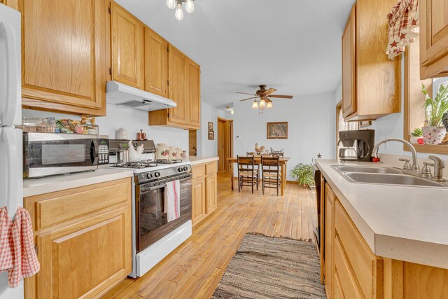 110 Dayton St, Homer, MI 49245 - kitchen with under cabinet range hood, a sink, stainless steel microwave, gas range, and ceiling fan