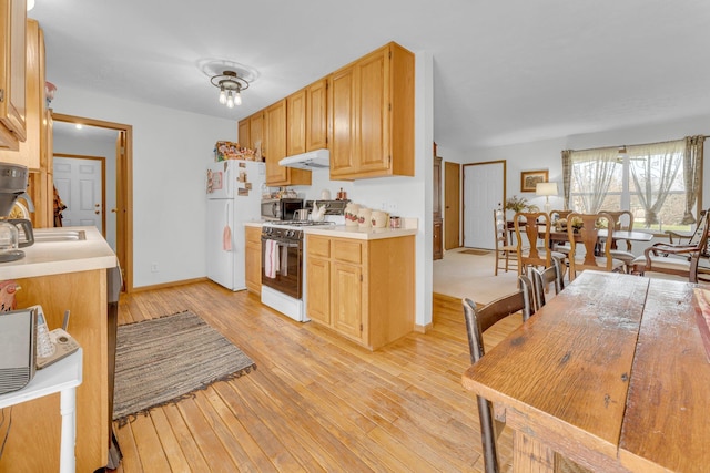 110 Dayton St, Homer, MI 49245 - kitchen with light wood-type flooring, baseboards, white appliances, light countertops, and under cabinet range hood