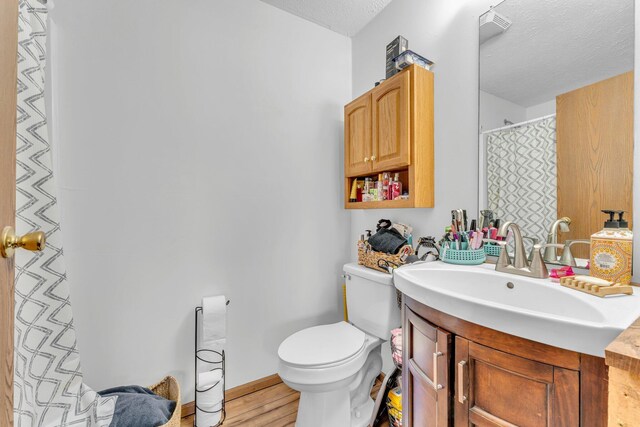 110 Dayton St, Homer, MI 49245 - full bathroom featuring a textured ceiling, toilet, wood finished floors, a shower with shower curtain, and vanity