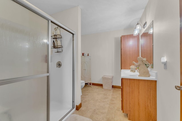 110 Dayton St, Homer, MI 49245 - bathroom with toilet, vanity, tile patterned flooring, and a stall shower