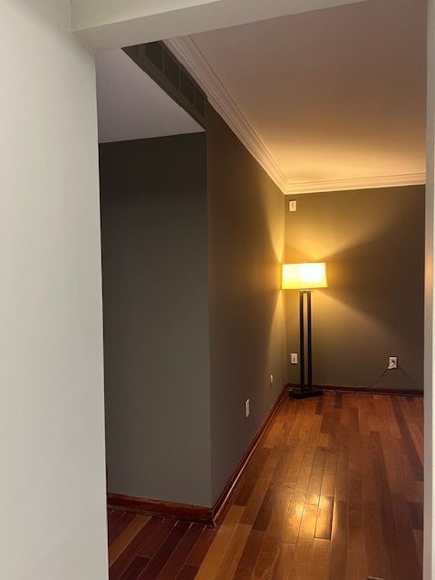 hallway with dark wood-type flooring, visible vents, crown molding, and baseboards