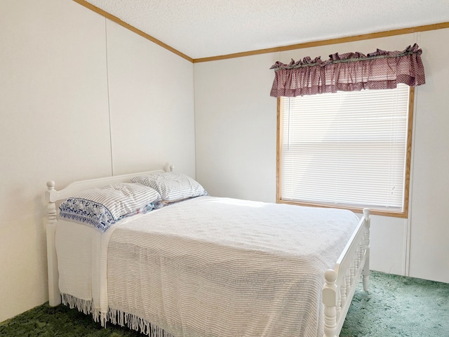 carpeted bedroom with ornamental molding