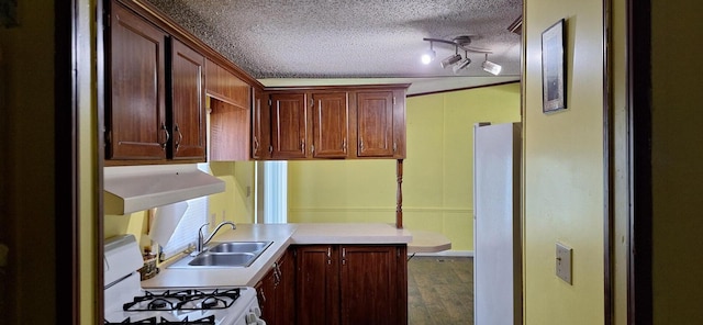 kitchen with dark wood-style floors, a sink, a textured ceiling, gas stove, and under cabinet range hood