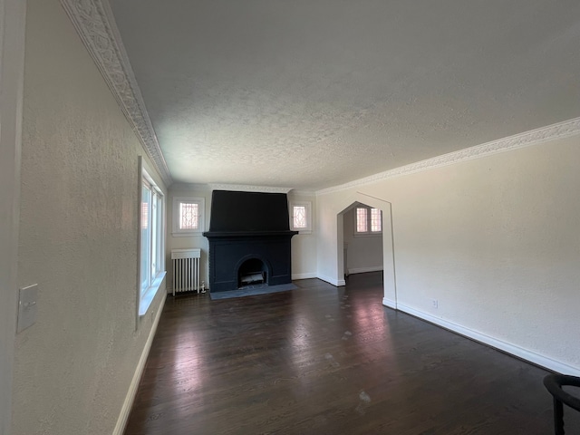 unfurnished living room with plenty of natural light, ornamental molding, radiator, and a textured wall