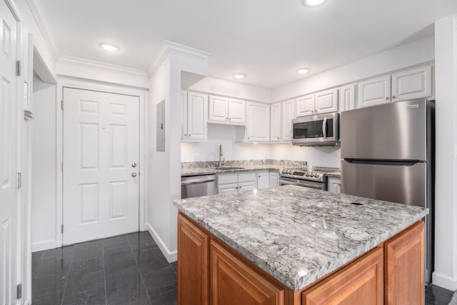 kitchen with electric panel, light stone counters, stainless steel appliances, and baseboards