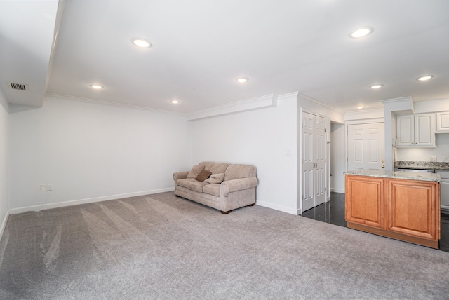 sitting room featuring recessed lighting, visible vents, dark carpet, and baseboards